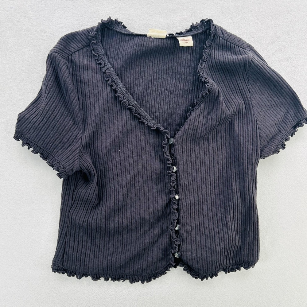 Levi's Shirt Womens Large Black Ribbed Button Front Lettuce Edge Ruffle Trim